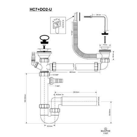 McAlpine Syfon zlewozmywakowy rurowy podwójny z podłączeniami ze spustami HC7+DO2-U