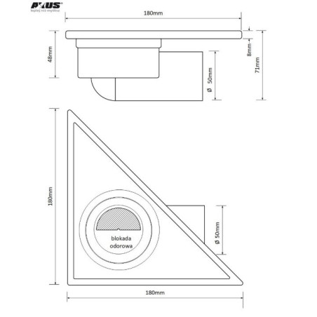 AKCES Kratka ściekowa narożna 180 x 180 x 250 DN 50 nierdzewna połysk 11304
