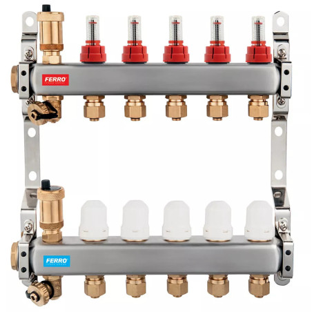 Ferro Rozdzielacz ze stali nierdzewnej typ SN-RZP 1" z zaworami termostatycznymi i przepływomierzami 5 sekcji