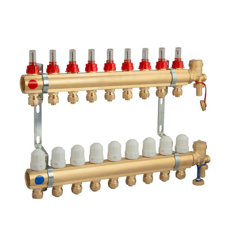 PERFEXIM ROZDZIELACZ 10 OBWODOWY MOSIĘŻNY Z ROTAMETREM ZE ZŁĄCZKAMI DO RUR WIELOWARSTWOWYCH - KOMPLET PHA-107/Z 30-107-1000-004