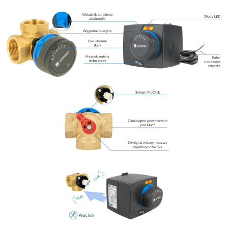 AFRISO Zestaw ProClick 3-drogowy zawór mieszający ARV 384 Vario DN25 Rp1" Kvs 4,5-12 + siłownik elektryczny ARM 343 1338454