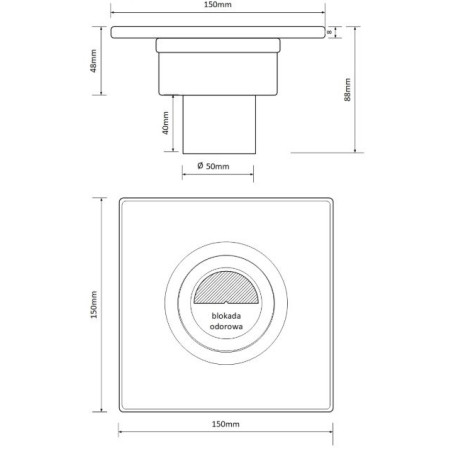 AKCES Kratka ściekowa prosta 150 x 150 DN 50 nierdzewna połysk 11303