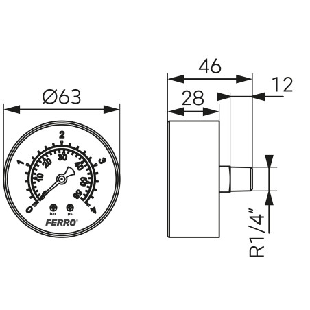 Ferro Manometr 1/4" aksjalny M6304A