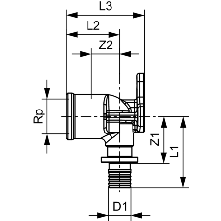 TECE TECEflex kolano naścienne 90° rozmiar 16 x 1/2" GW mosiądz standard 768516