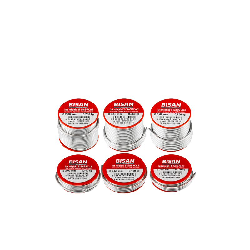 BISAN Lut miękki S-Sn97Cu3 B/T Ø2.5 250g Szpula B870090 BISAN Lut miękki S-Sn97Cu3 B/T Ø2.5 250g Szpula B870090