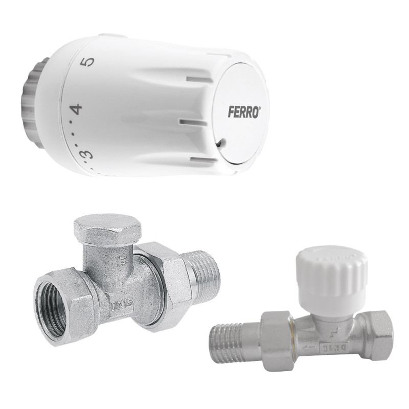 Ferro Zestaw termostatyczny prosty z głowicą GT11 i zaworem powrotnym 1/2" ZTM07 Ferro Zestaw termostatyczny prosty z głowicą GT11 i zaworem powrotnym 1/2" ZTM07
