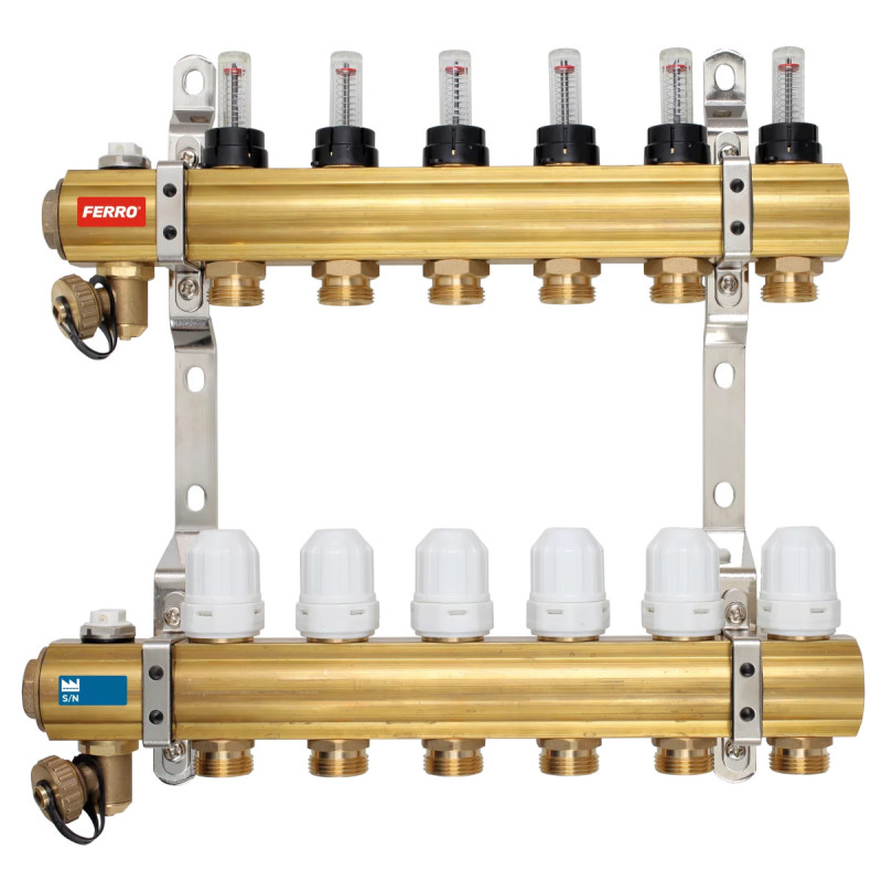 Ferro Rozdzielacz mosiężny typ RZP 1" z zaworami termostatycznymi i przepływomierzami 6 sekcji