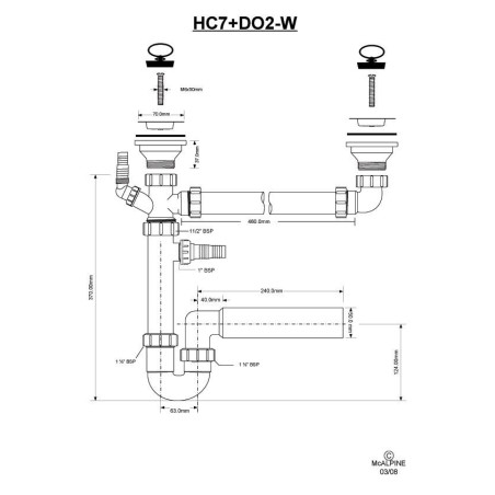 McAlpine Syfon zlewozmywakowy podwójny rurowy 6/4"x50mm z podłączeniem z spustami HC7+DO2-W