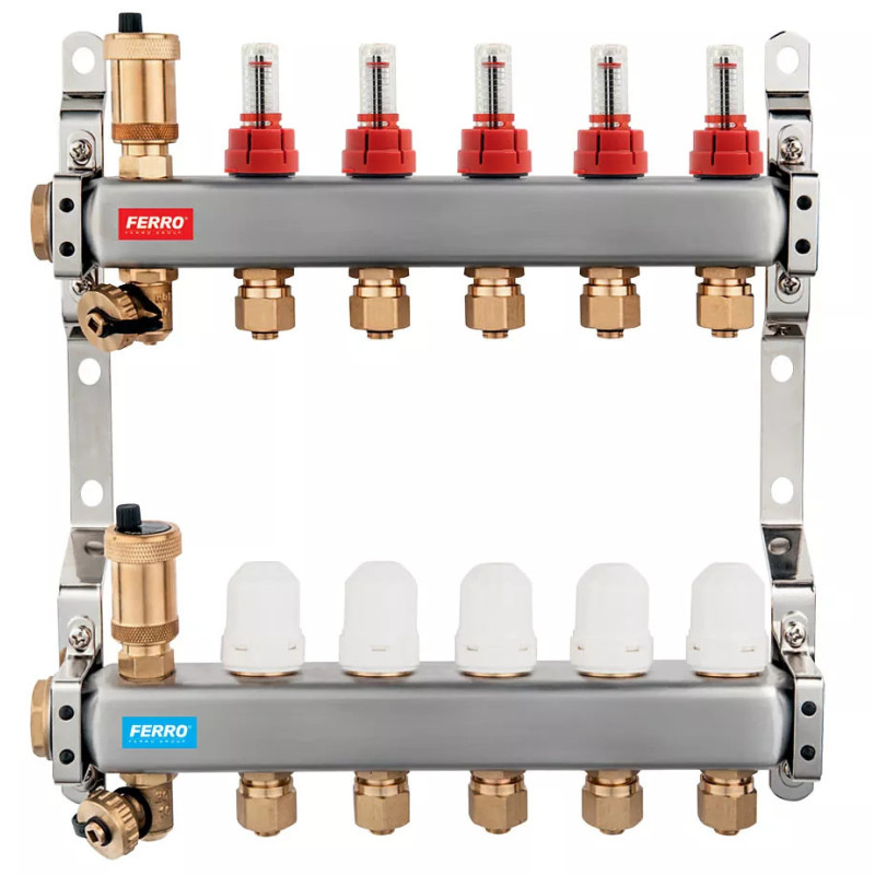 Ferro Rozdzielacz ze stali nierdzewnej typ SN-RZP 1" z zaworami termostatycznymi i przepływomierzami 5 sekcji