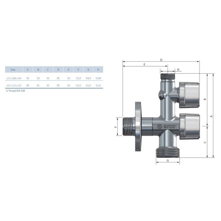 ARCO Zawór kątowy COMBI antykamienny GZ 1/2" x GZ 3/4" x GZ 3/8" bez nakrętki uchwyt metalowy COMB5MAC