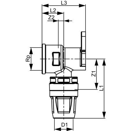 TECE TECElogo-Push kolano naścienne 90° rozmiar 16 x 1/2" GW mosiądz standard 8620002